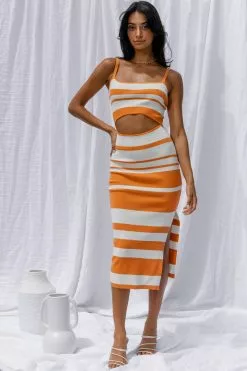 Selfie Leslie Dayana Cut-Out Waist Side Split Knit Midi Dress Striped Orange