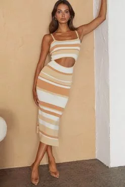 Selfie Leslie Dayana Cut-Out Waist Side Split Knit Midi Dress Striped Yellow