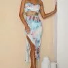 Selfie Leslie Crazy In Love Cowl Neck Cut-Out Waist Midi Dress Tie-Dye Blue