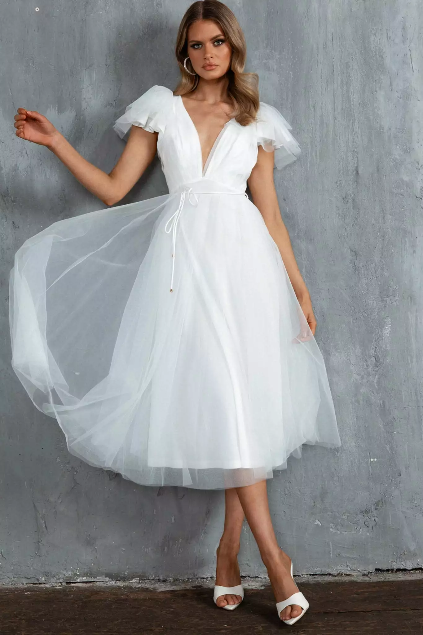 Selfie Leslie Leap Of Faith Frill Shoulder Tulle Midi Dress White