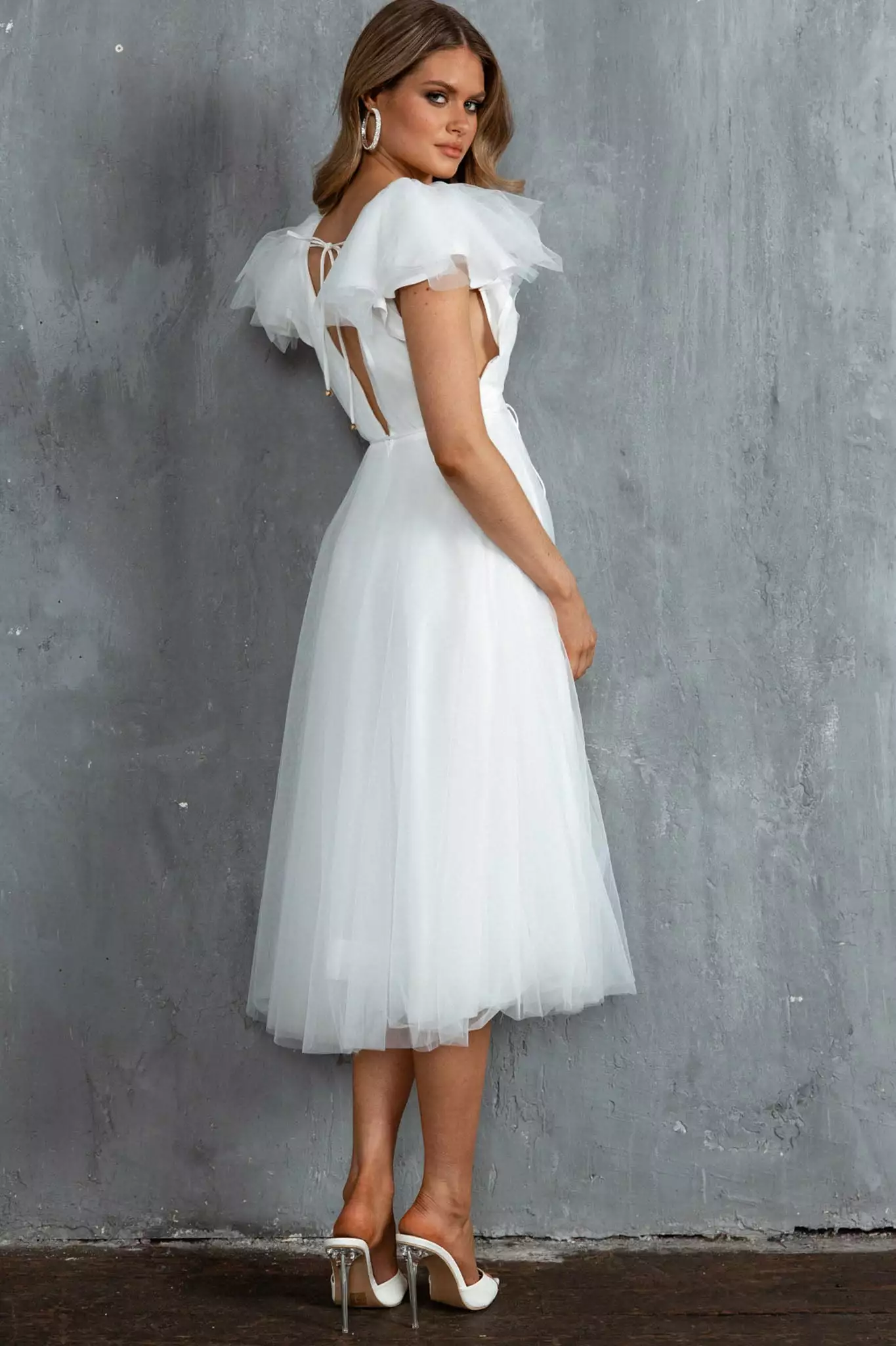 Selfie Leslie Leap Of Faith Frill Shoulder Tulle Midi Dress White - Image 2