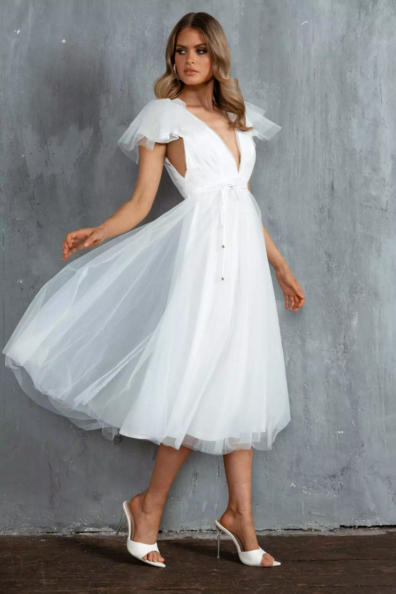 Selfie Leslie Leap Of Faith Frill Shoulder Tulle Midi Dress White - Image 6