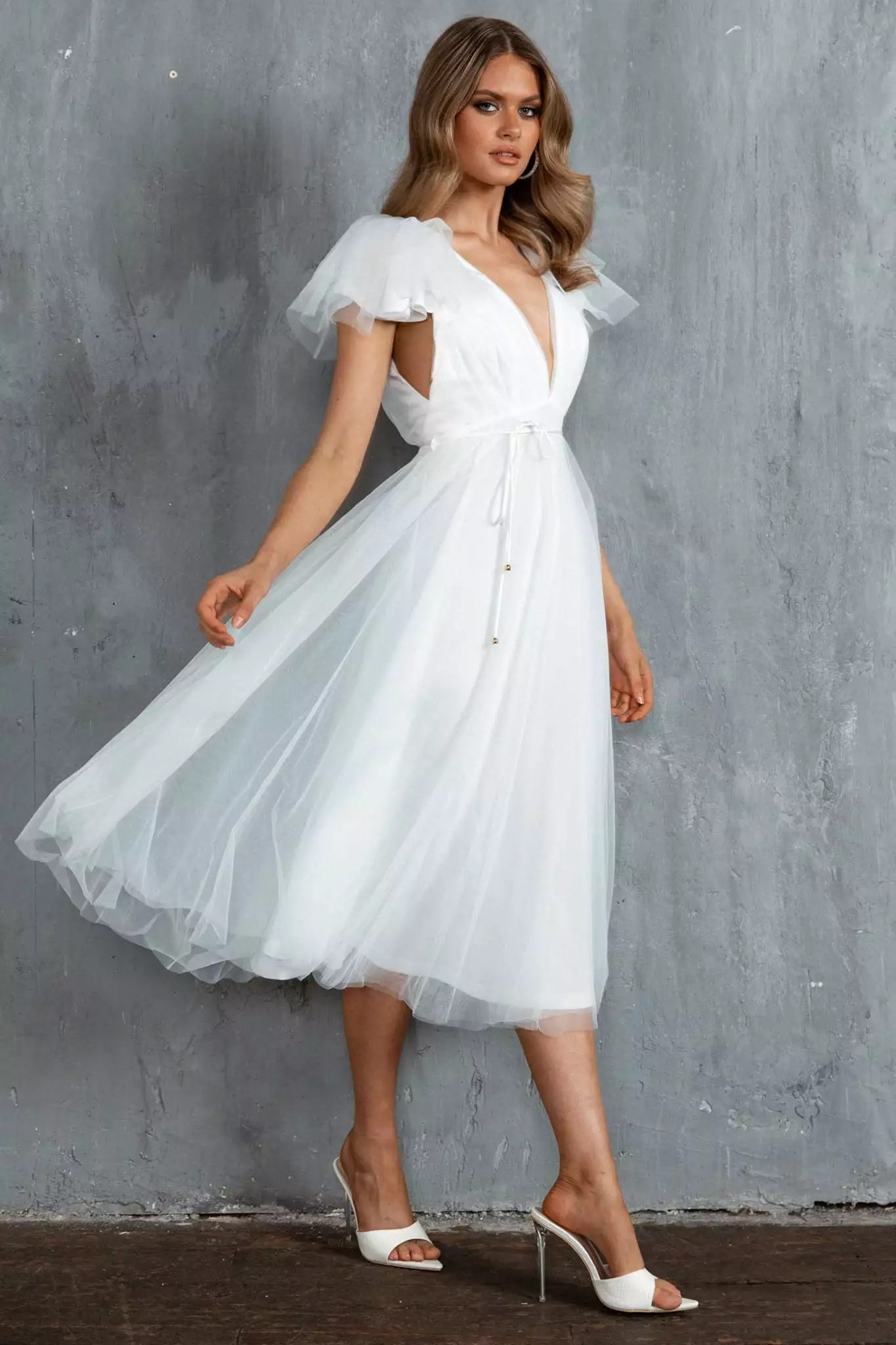 Selfie Leslie Leap Of Faith Frill Shoulder Tulle Midi Dress White - Image 3