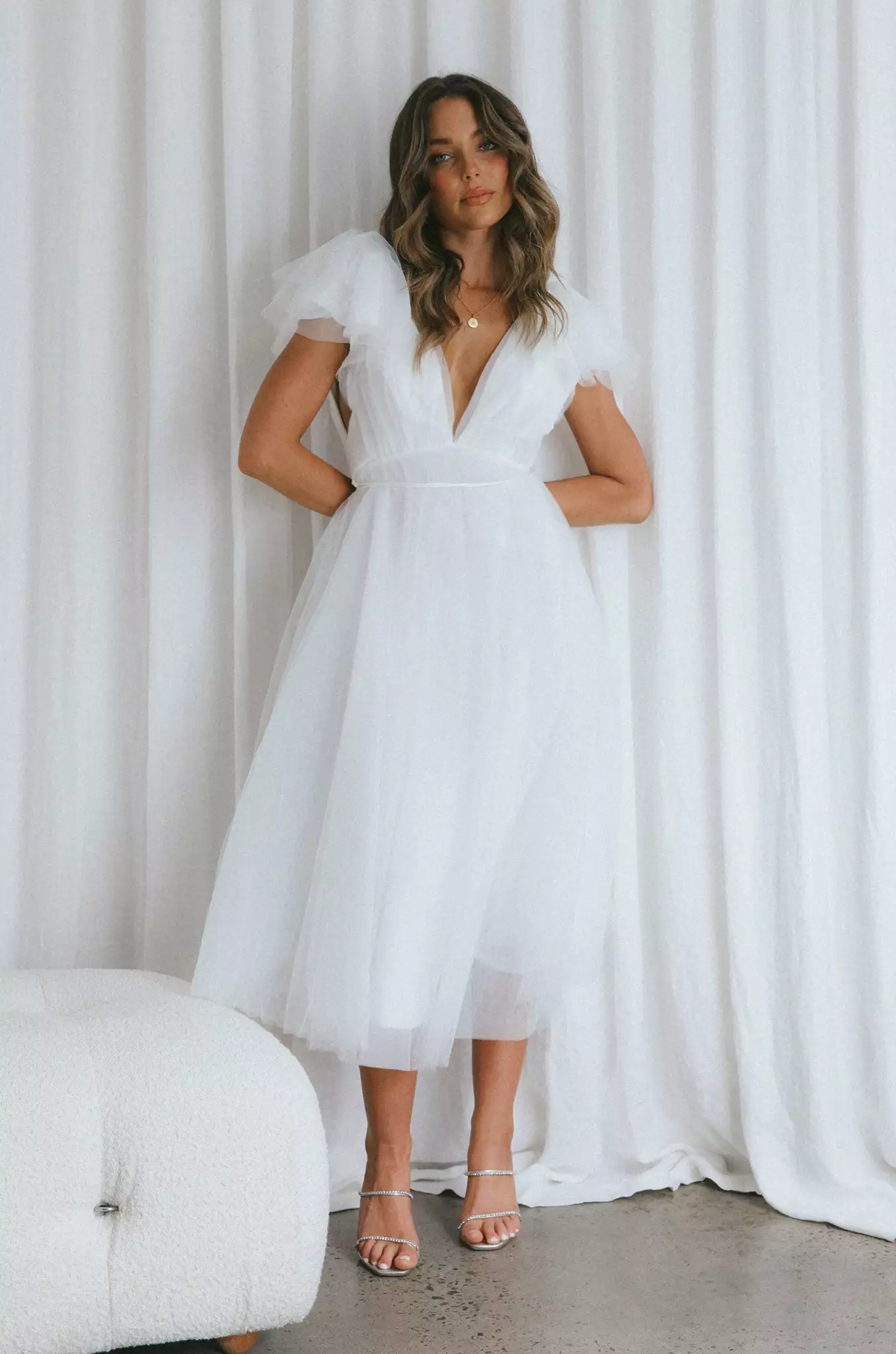 Selfie Leslie Leap Of Faith Frill Shoulder Tulle Midi Dress White - Image 15