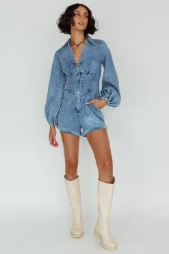 Angel Biba South Beach Long Sleeve Collared Romper Denim