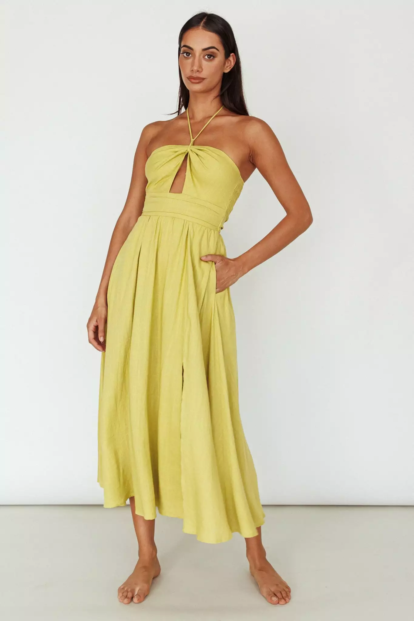 Mika&Gala Maravilhosa Keyhole Halter Midi Dress Lime - Image 3