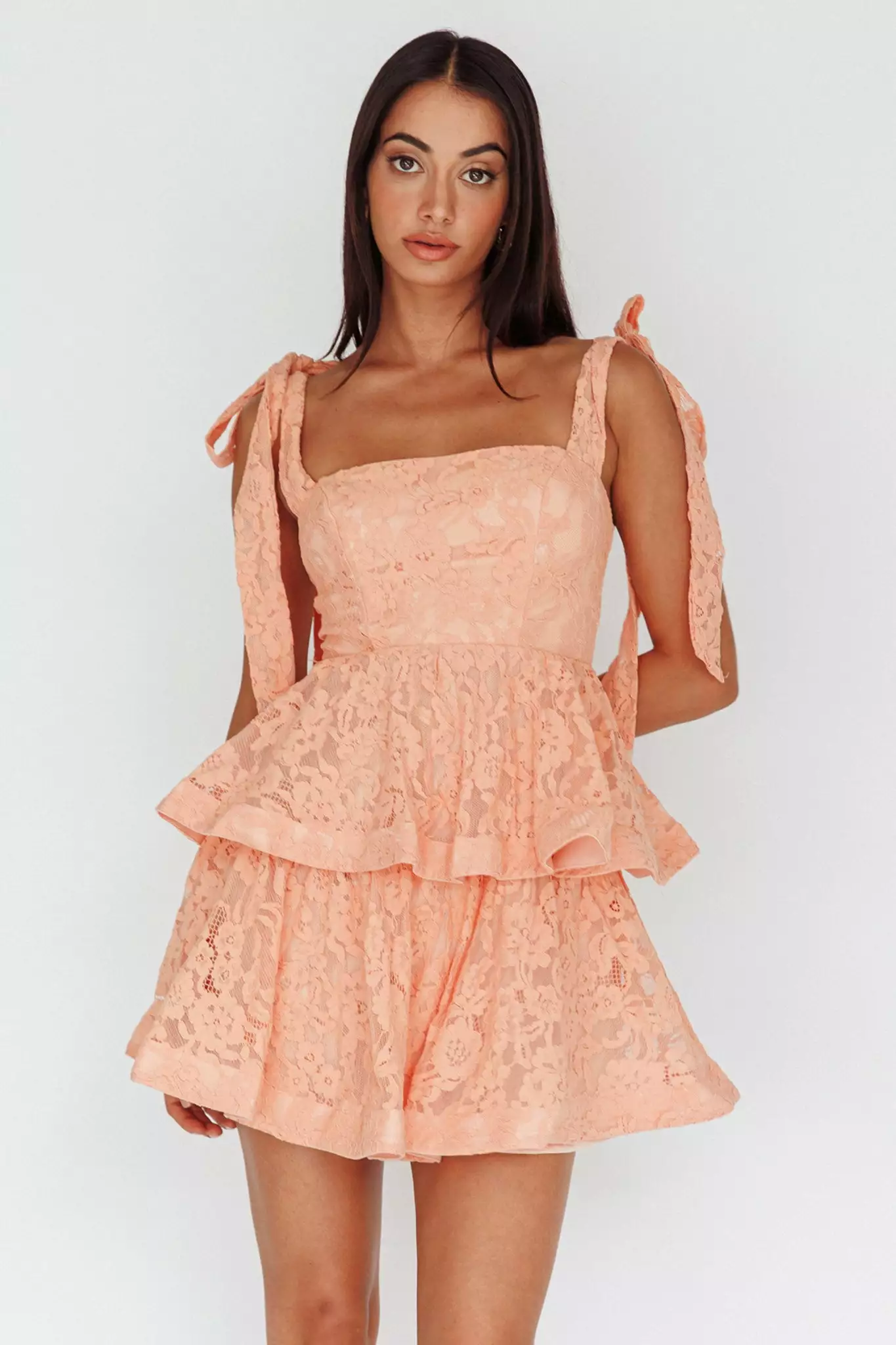 Selfie Leslie Neriah Tied Shoulder Tiered Lace Mini Dress Orange