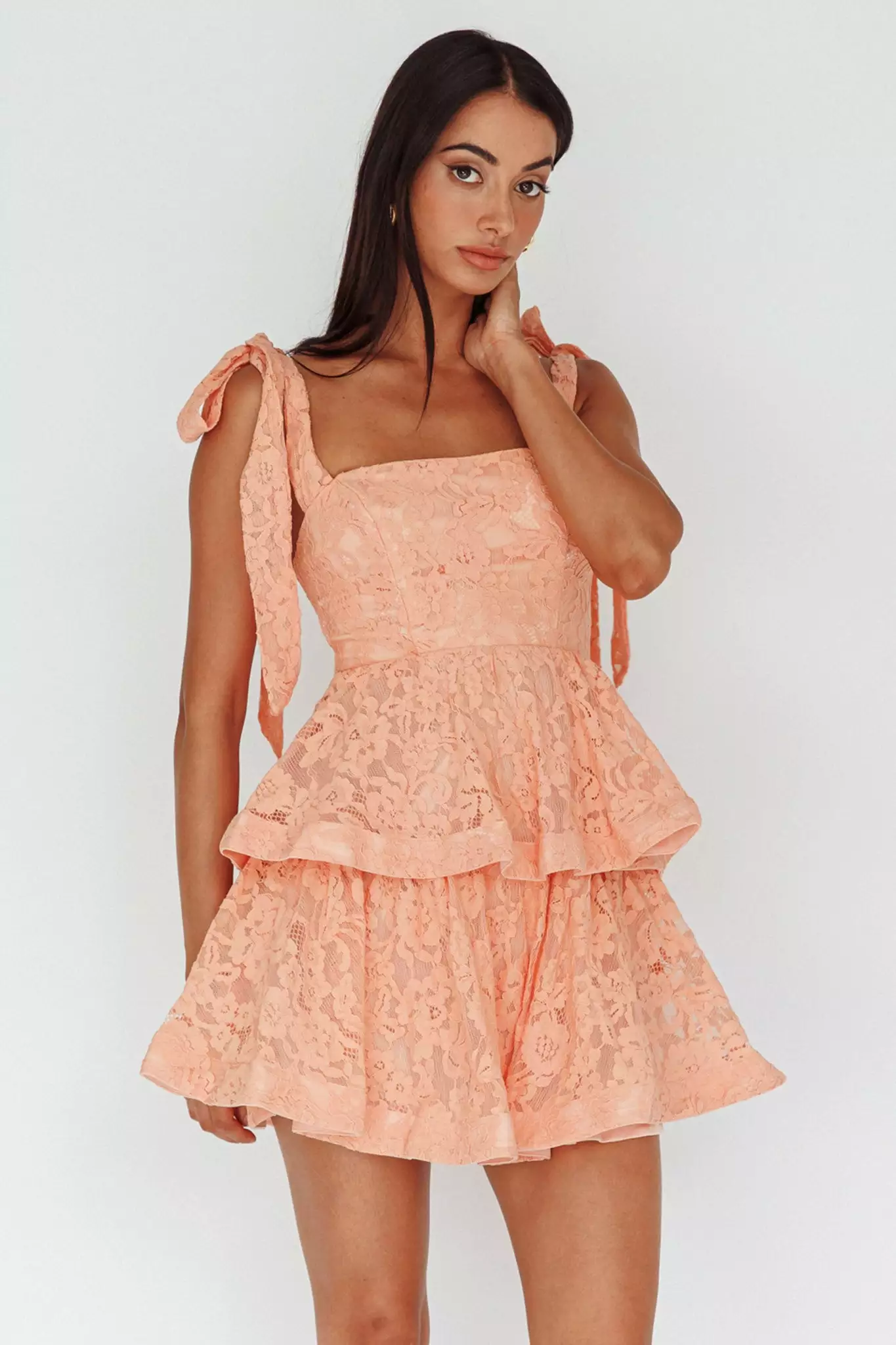 Selfie Leslie Neriah Tied Shoulder Tiered Lace Mini Dress Orange - Image 5