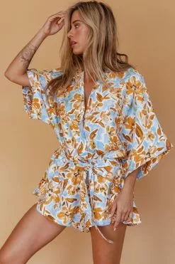 INDIKAH Daytona Beach Button-Up Romper Floral Blue