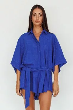 INDIKAH Daytona Beach Button-Up Romper Textured Blue