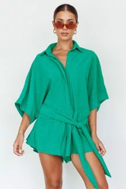 INDIKAH Daytona Beach Button-Up Romper Textured Green