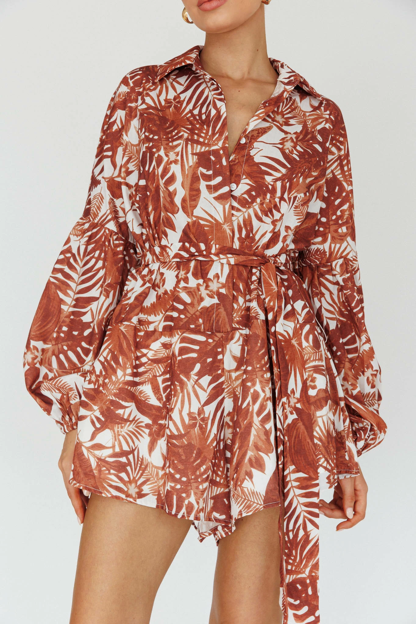 INDIKAH Daytona Beach Long Sleeve Shirt Romper Leaves Brown - Image 4
