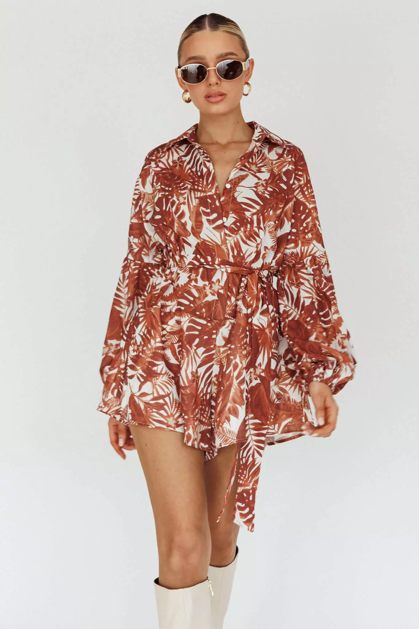 INDIKAH Daytona Beach Long Sleeve Shirt Romper Leaves Brown - Image 5