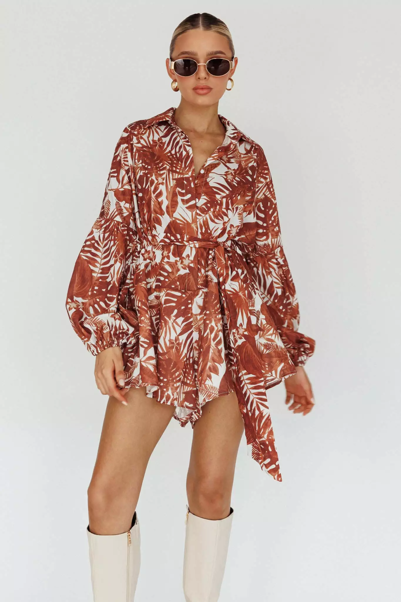INDIKAH Daytona Beach Long Sleeve Shirt Romper Leaves Brown - Image 8