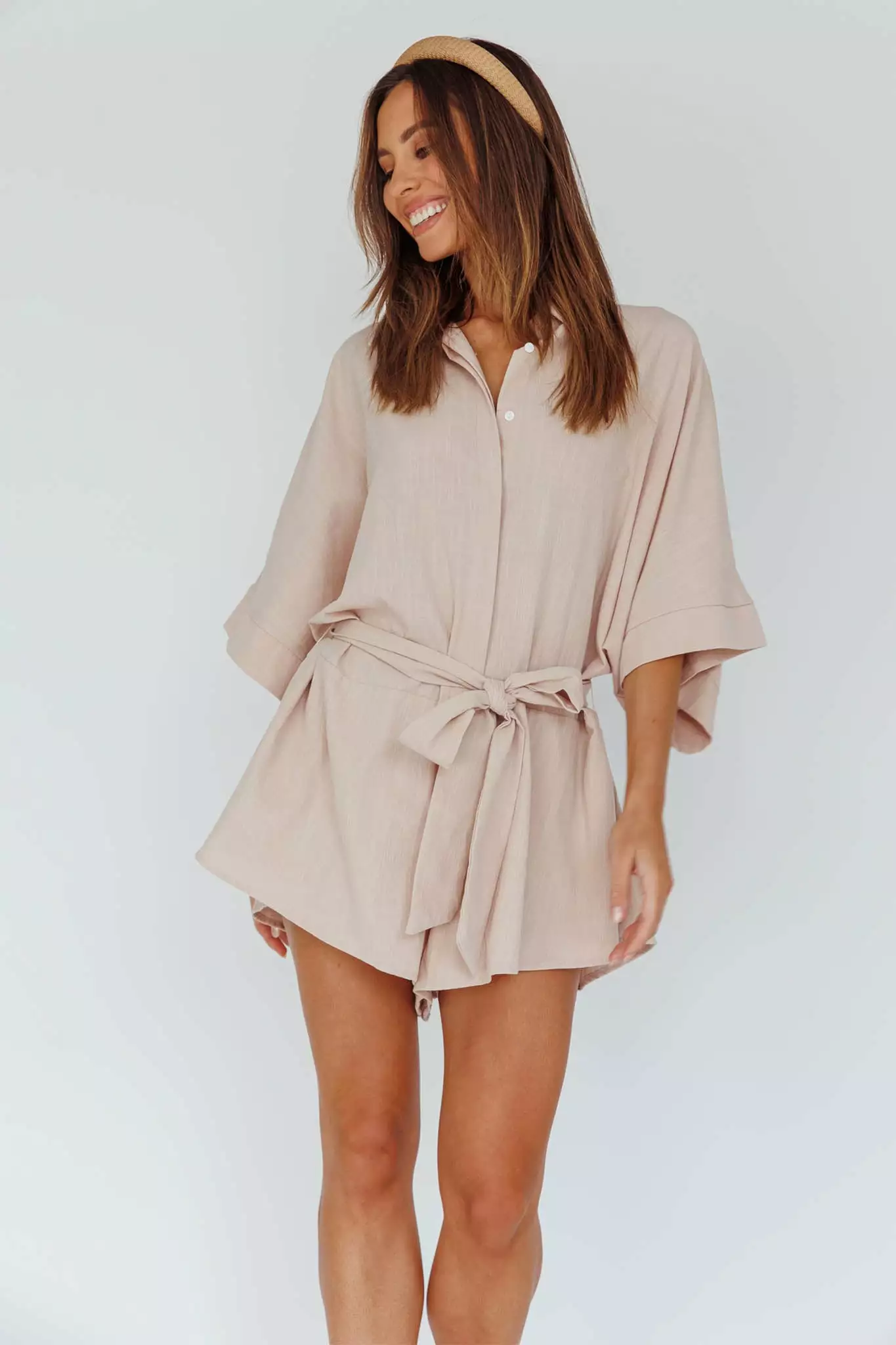 Indi Luxe Daytona Beach Button-Up Romper Sand
