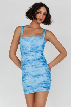 Angel Biba Daydreaming Ruched Mini Dress Floral Blue