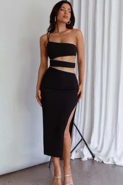 Saints + Secrets Raye Cut-Out Waist Rhinestone Midi Dress Black