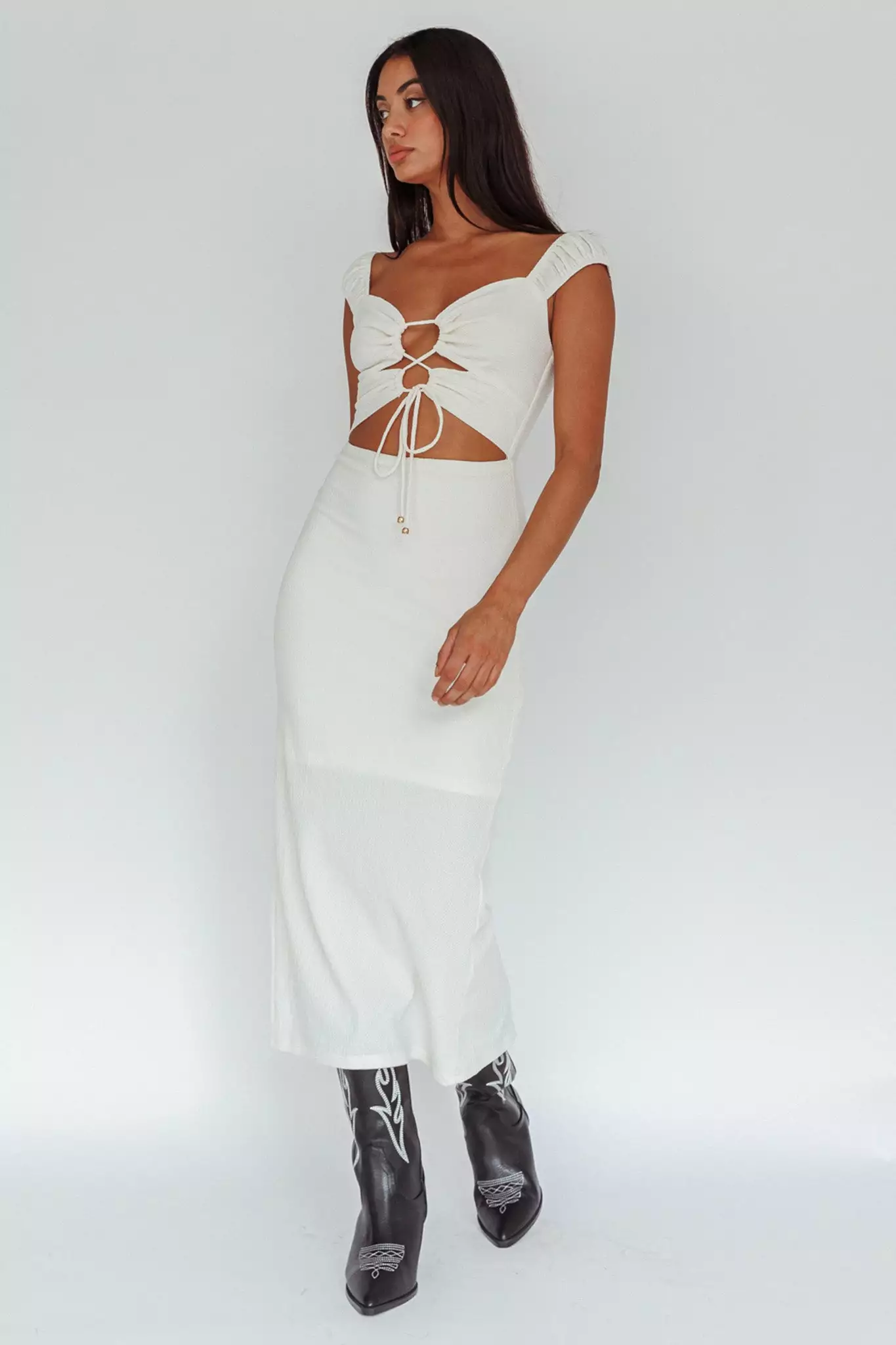 Angel Biba Iconic Cut-Out Bodice Midi Dress Cream - Image 3