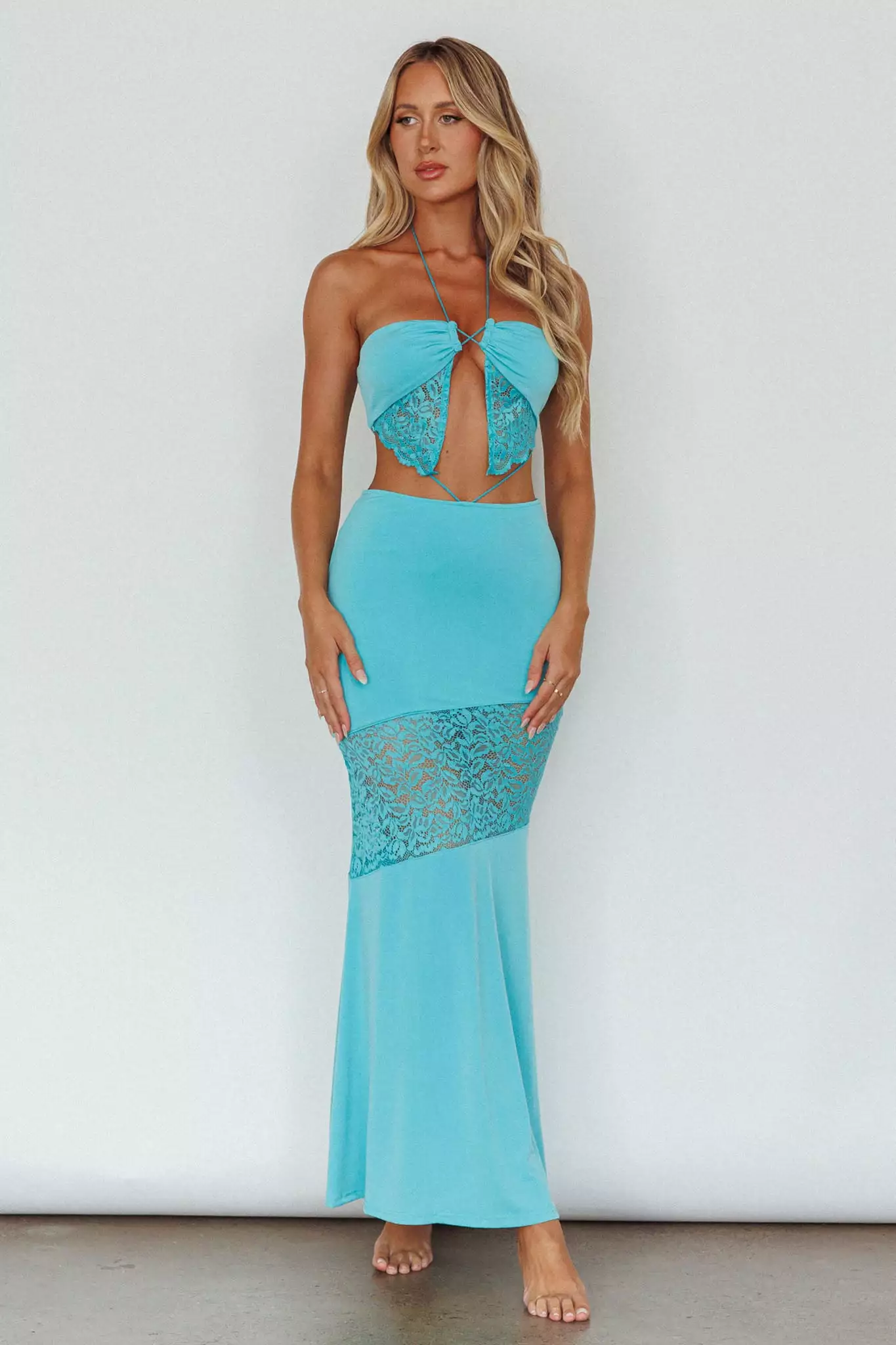 Saints + Secrets Florida Lace Insert Cut-Out Maxi Dress Blue - Image 3