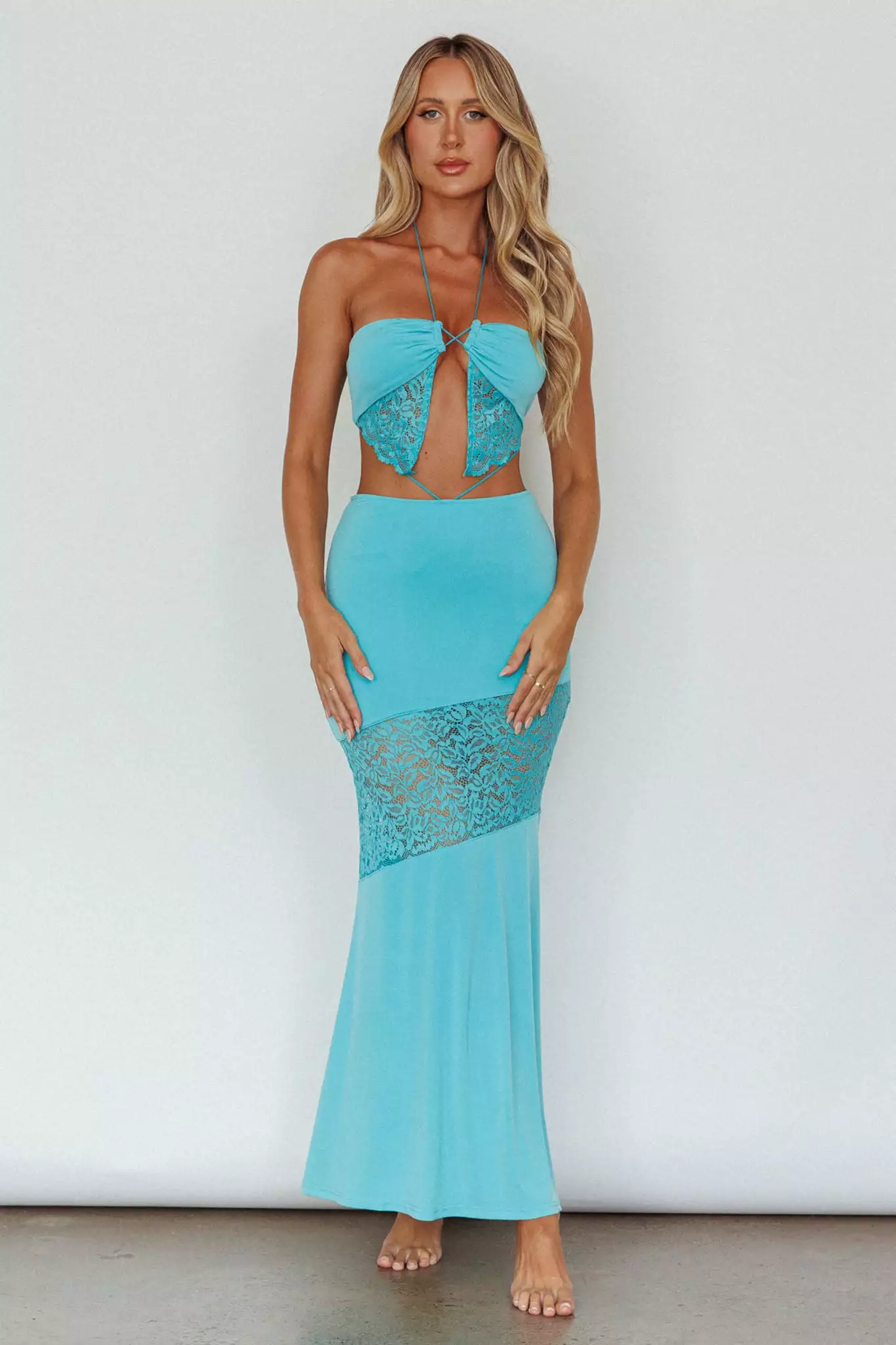 Saints + Secrets Florida Lace Insert Cut-Out Maxi Dress Blue - Image 4