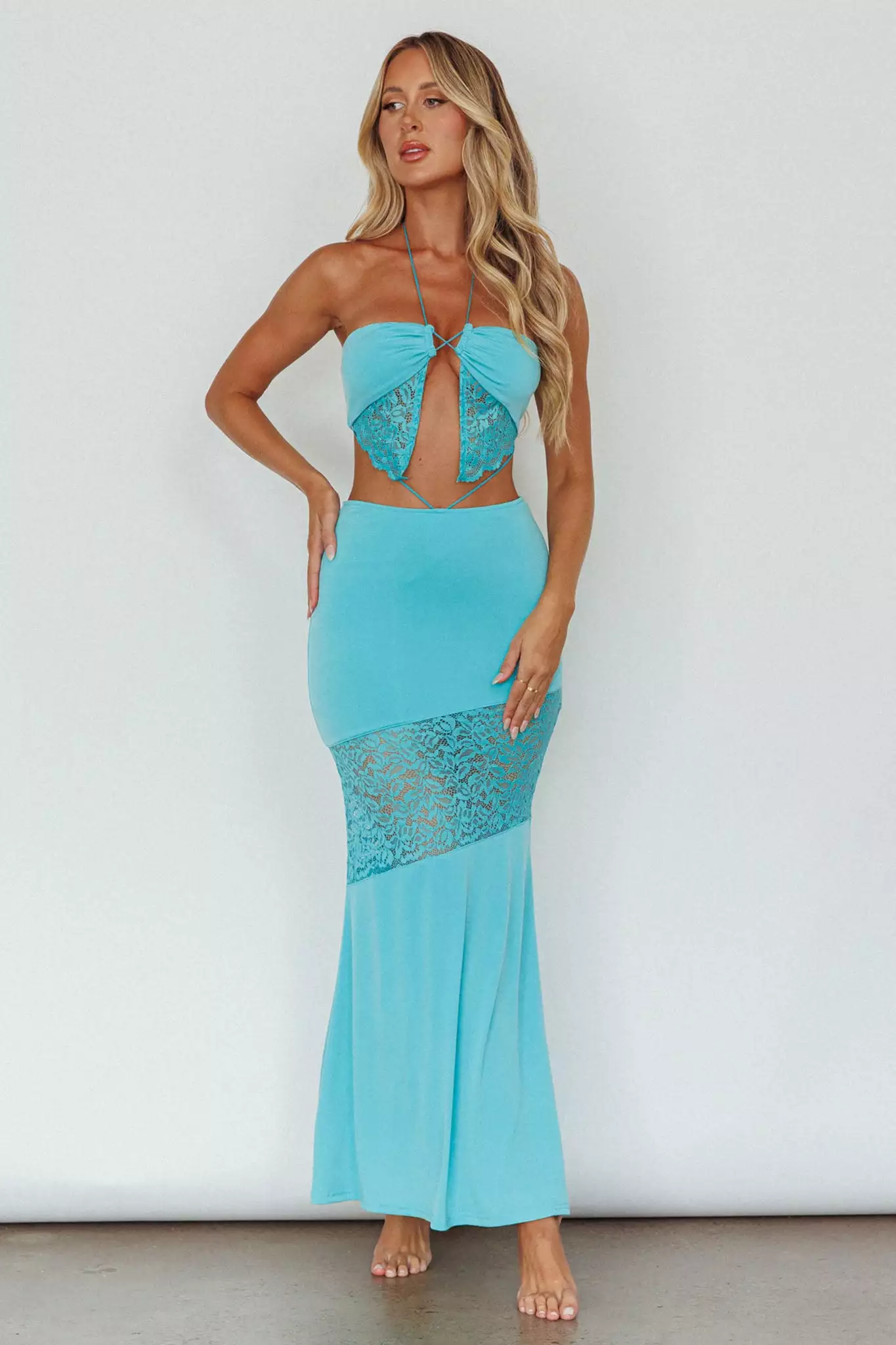 Saints + Secrets Florida Lace Insert Cut-Out Maxi Dress Blue - Image 5