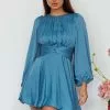 Here Comes The Sun Leia Long Sleeve Waist Tie Mini Dress Teal
