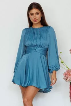 Here Comes The Sun Leia Long Sleeve Waist Tie Mini Dress Teal