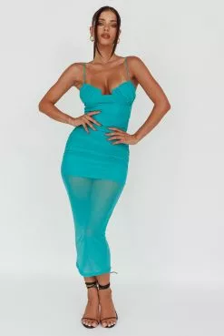 Here Comes The Sun Jahzel Ruched Mesh Midi Dress Green