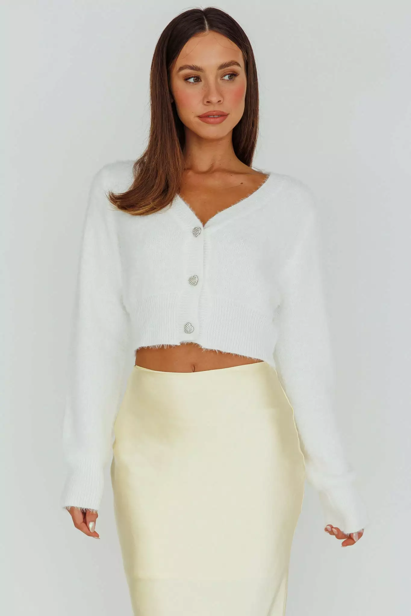 INDIKAH Chica Dulce Heart Button Knit Crop Top Cream