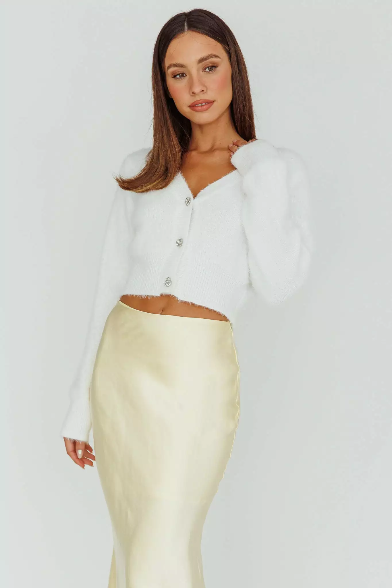 INDIKAH Chica Dulce Heart Button Knit Crop Top Cream - Image 5