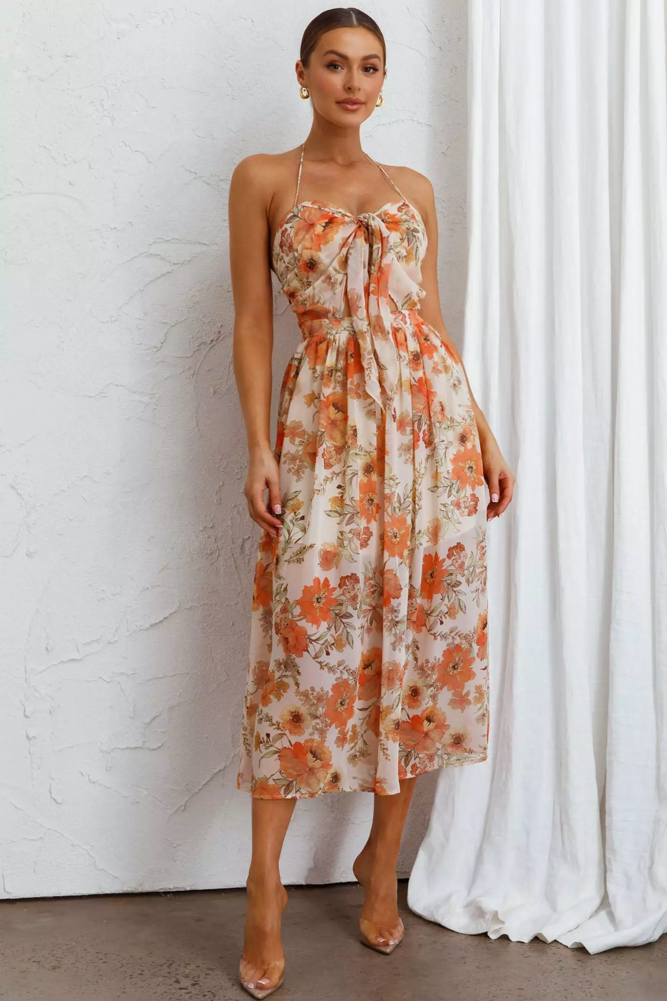 Selfie Leslie Los Feliz Tied Bust Halterneck Midi Dress Floral Beige - Image 5