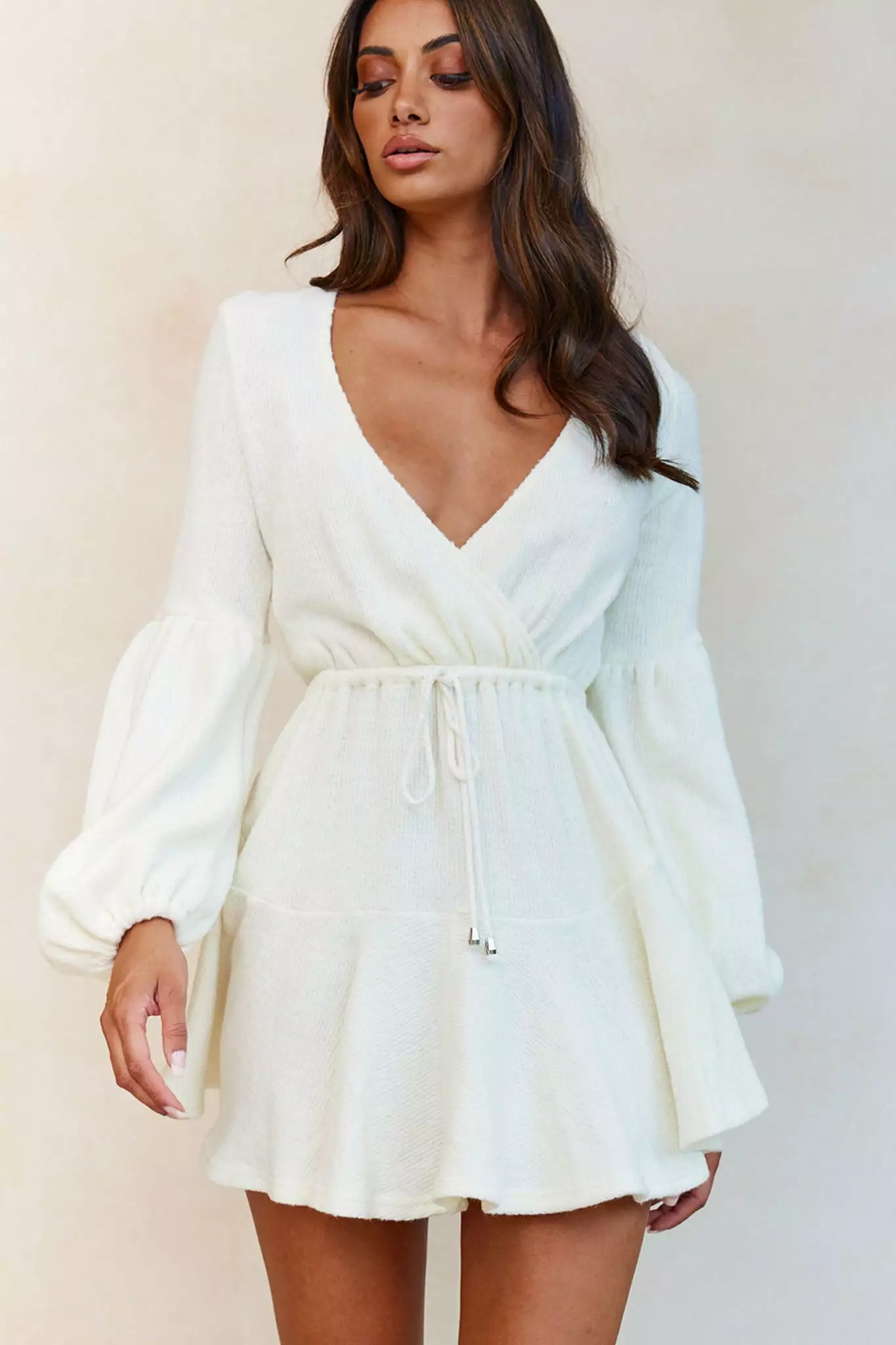 Selfie Leslie Annalise Long Sleeve Drawstring Knit Dress White - Image 5