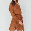 Selfie Leslie Darla Long Sleeve Satin Dress Tan
