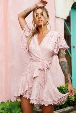 Selfie Leslie Cami Angel Sleeve Faux Wrap Dress Lace Blush