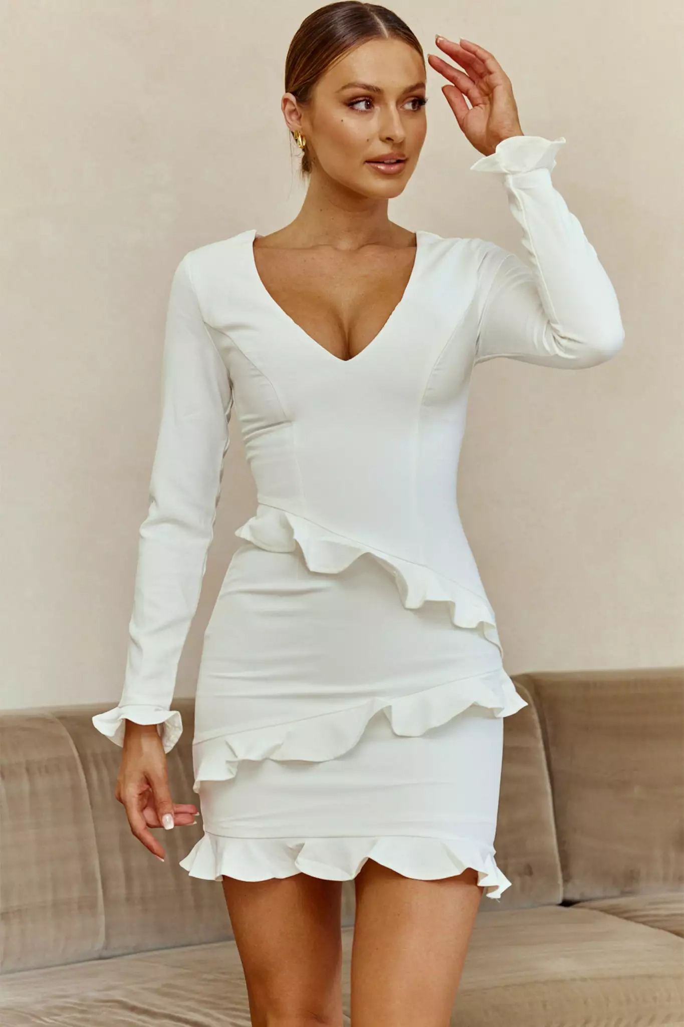 Selfie Leslie Frilled To Meet You Long Sleeve Mini Dress White - Image 4