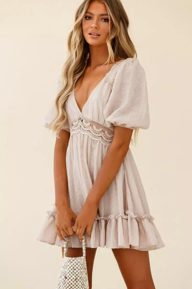 Selfie Leslie Everleigh Milkmaid Sleeve Exposed Back Dress Beige - Image 2