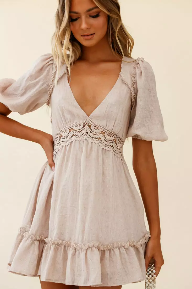 Selfie Leslie Everleigh Milkmaid Sleeve Exposed Back Dress Beige - Image 8