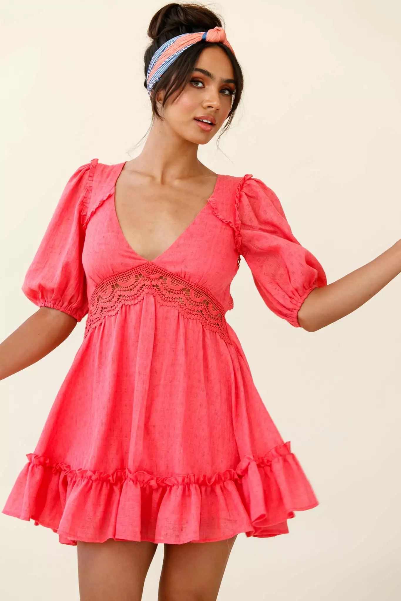 Selfie Leslie Everleigh Milkmaid Sleeve Exposed Back Dress Coral - Image 5