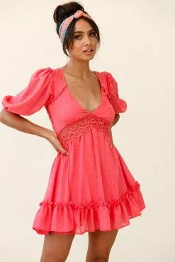 Selfie Leslie Everleigh Milkmaid Sleeve Exposed Back Dress Coral