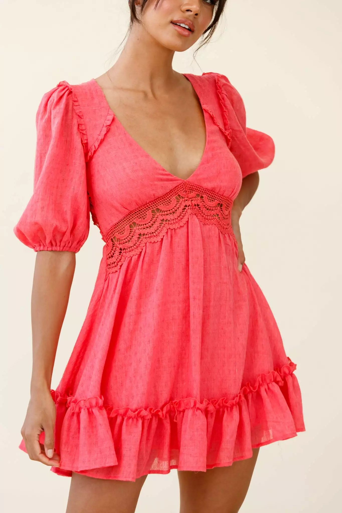 Selfie Leslie Everleigh Milkmaid Sleeve Exposed Back Dress Coral - Image 4