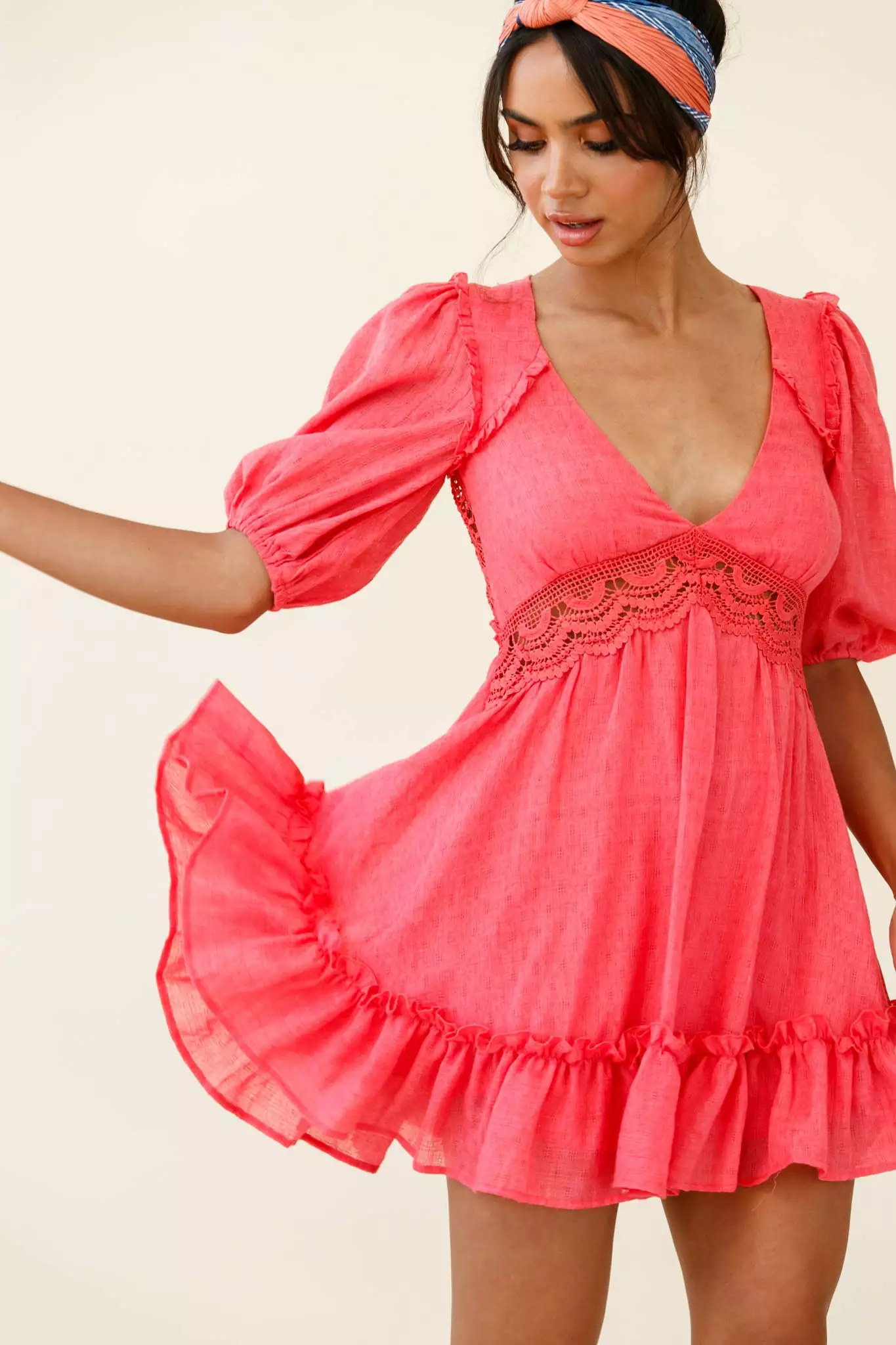 Selfie Leslie Everleigh Milkmaid Sleeve Exposed Back Dress Coral - Image 6