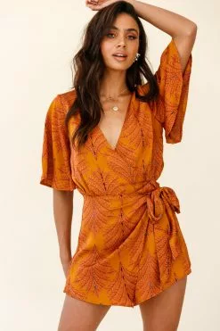 Selfie Leslie Nadi V-Neckline Wrap Romper Leaf Print Mustard