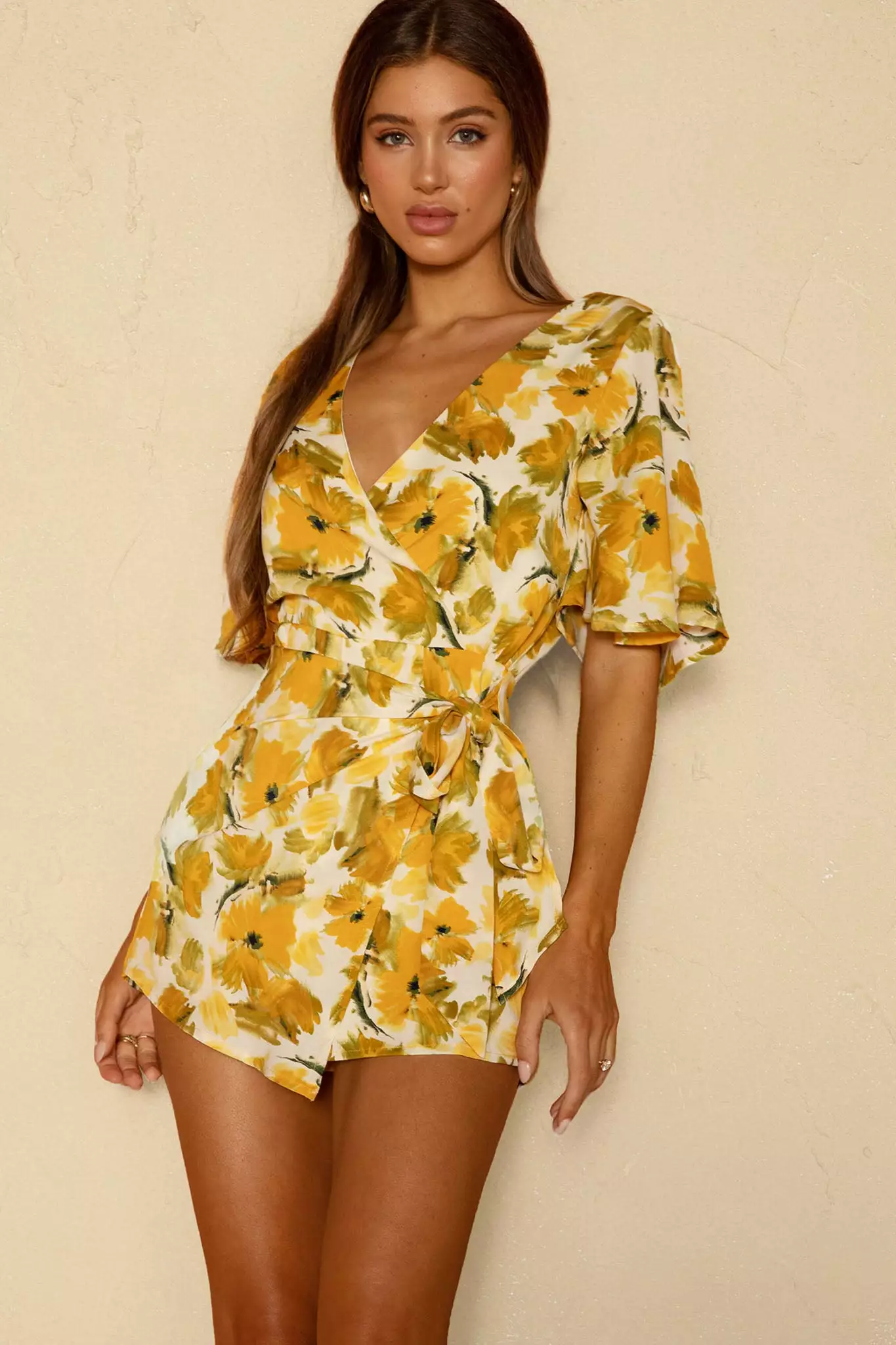 Selfie Leslie Nadi V-Neckline Wrap Romper Flower Paint Print Yellow