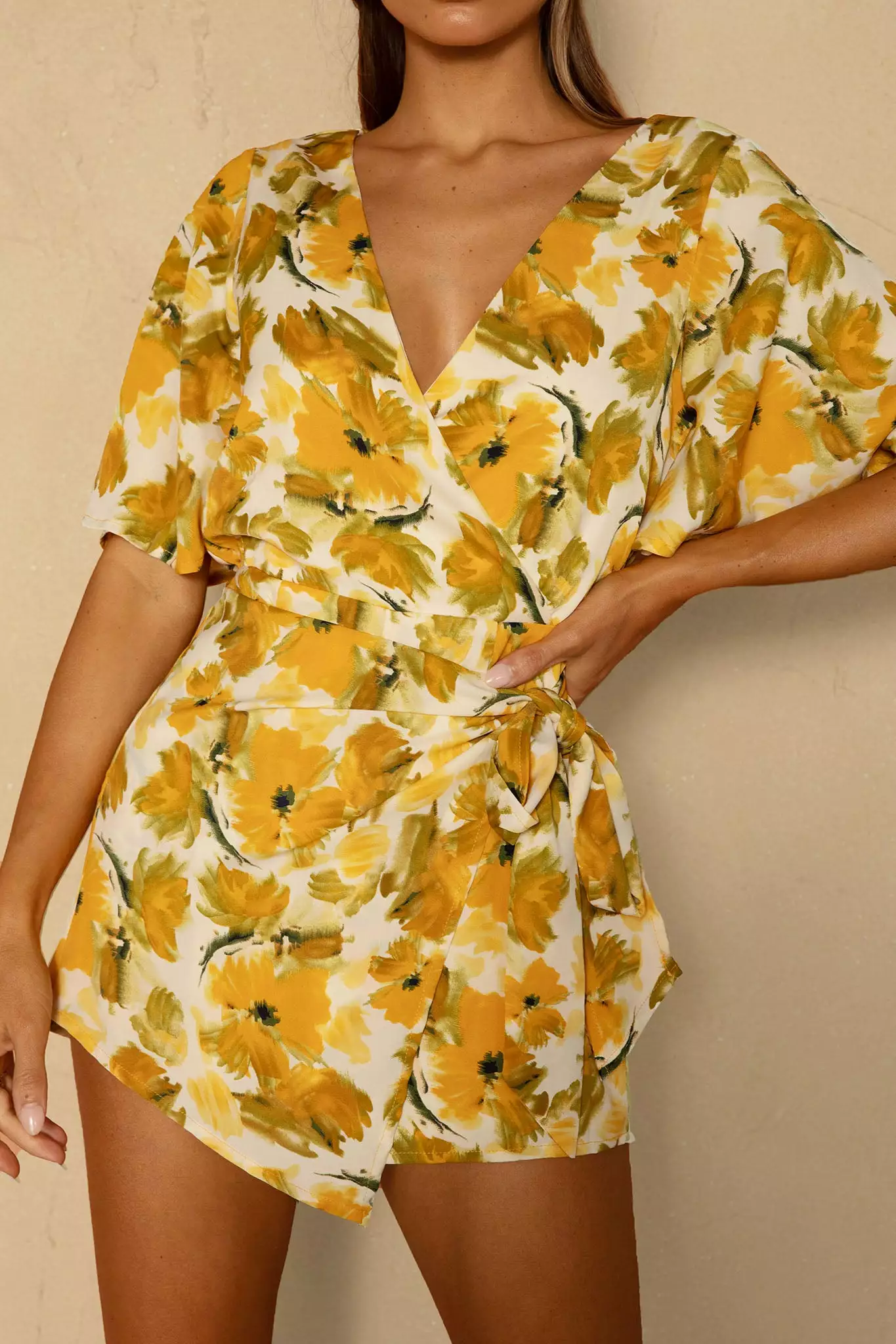 Selfie Leslie Nadi V-Neckline Wrap Romper Flower Paint Print Yellow - Image 4