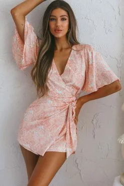 Selfie Leslie Nadi V-Neckline Wrap Romper Flower Paint Print Pink