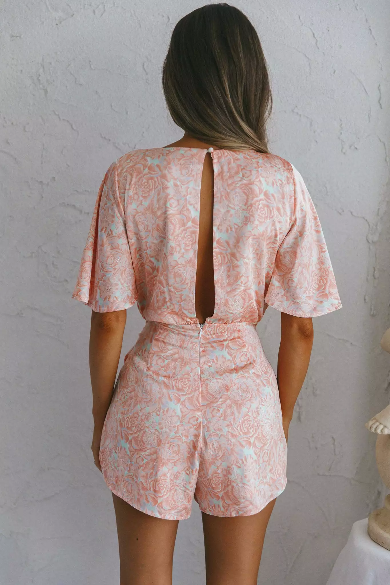 Selfie Leslie Nadi V-Neckline Wrap Romper Flower Paint Print Pink - Image 2