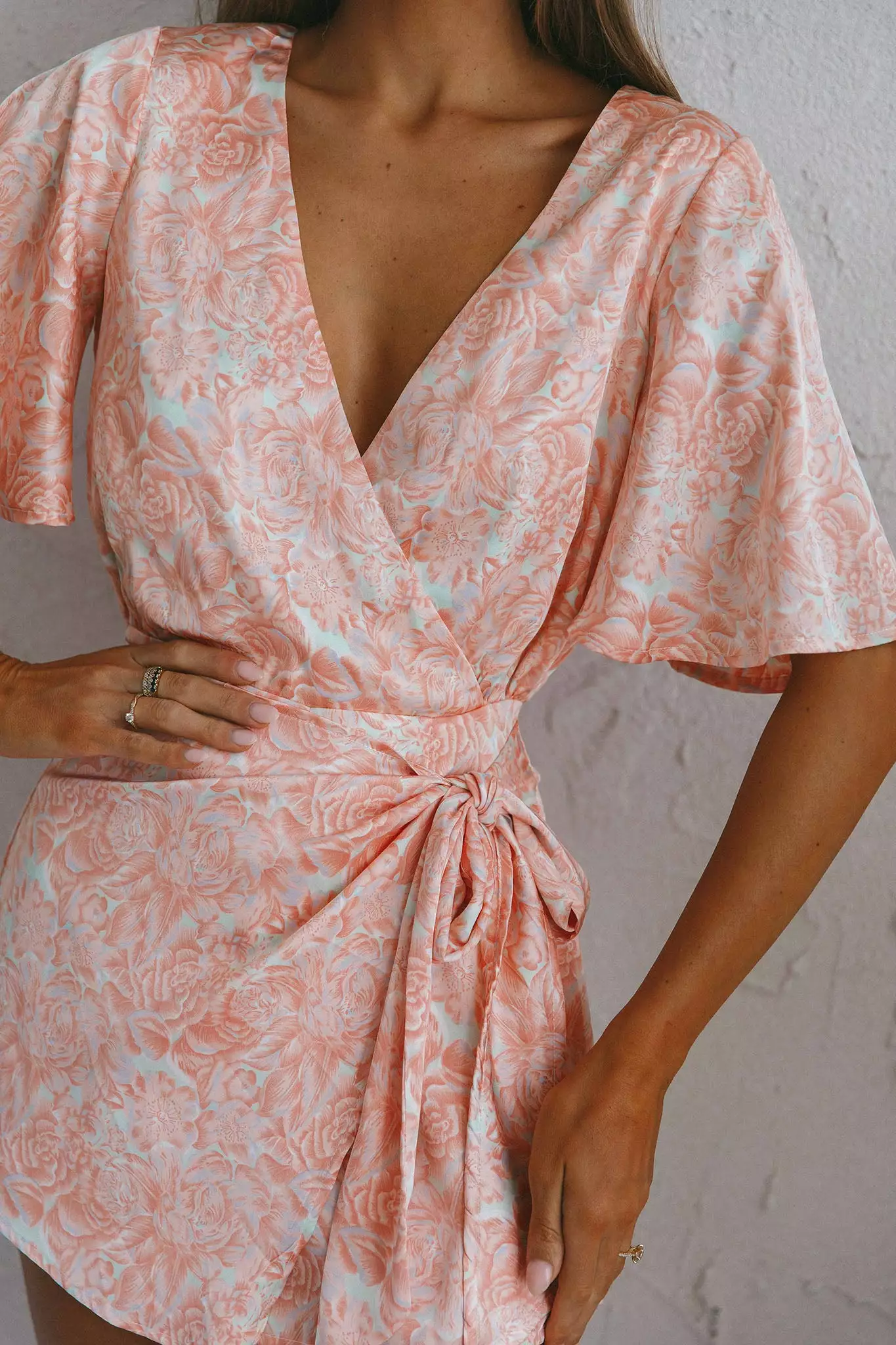 Selfie Leslie Nadi V-Neckline Wrap Romper Flower Paint Print Pink - Image 4