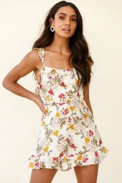 Selfie Leslie Stand By Me Frill Trim Tied Back Romper Botanic Print Beige