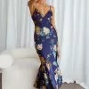 Selfie Leslie Downtown Cami Strap Front Split Midi Dress Oriental Flower Print Navy