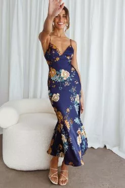 Selfie Leslie Downtown Cami Strap Front Split Midi Dress Oriental Flower Print Navy